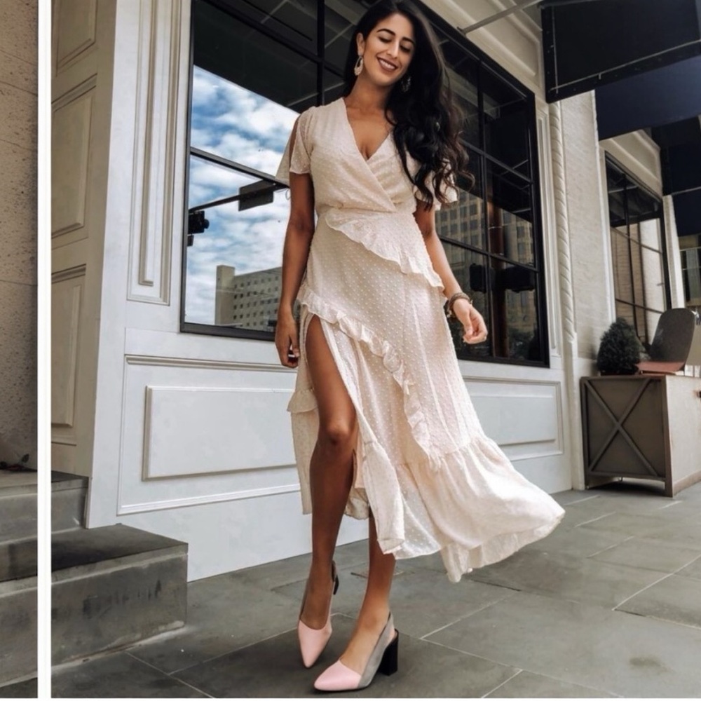 Lulus | Swiss Dot Ruffled Midi Dress in Cream NWT Style: Next to You